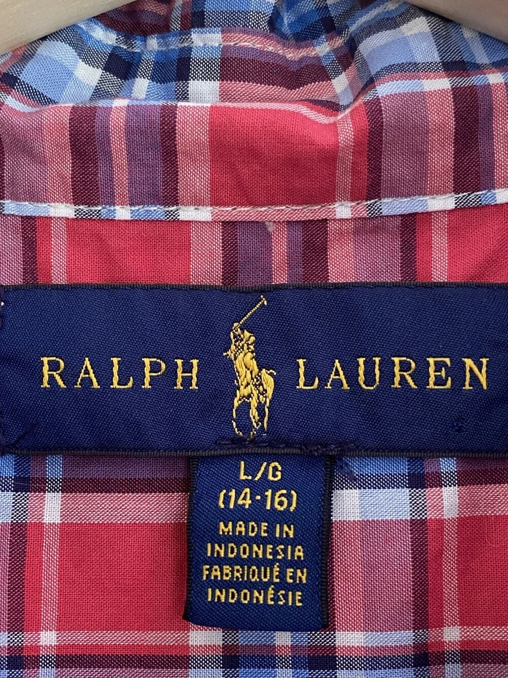 Ralph Lauren Boys Red Blue Plaid Button Down Shirt L 14-16